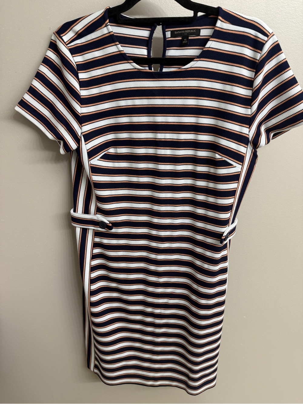 Banana Republic Navy, White, Orange Striped Sheath Dress - size 12